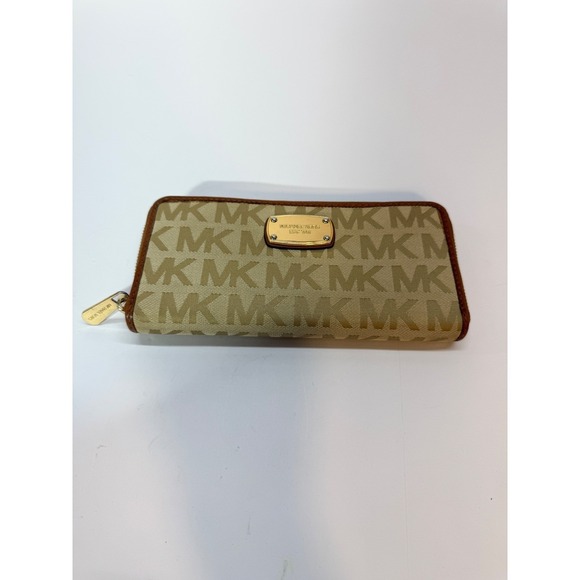 Michael Kors Handbags - Michael Kors MK Signature Zip Around Continental Wallet Tan Beige Gold Tone Logo